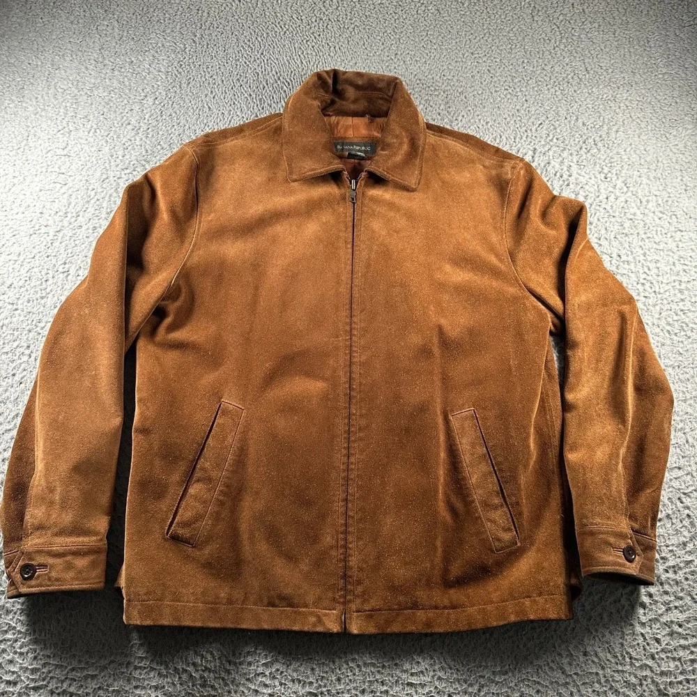Vtg Banana Republic‎ Jacket Mens M Brown Suede Leather Zip Front Casual Lined